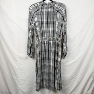 A New Day Smocked Plaid Long Sleeve Midi Dress Womens M Black White Rayon
